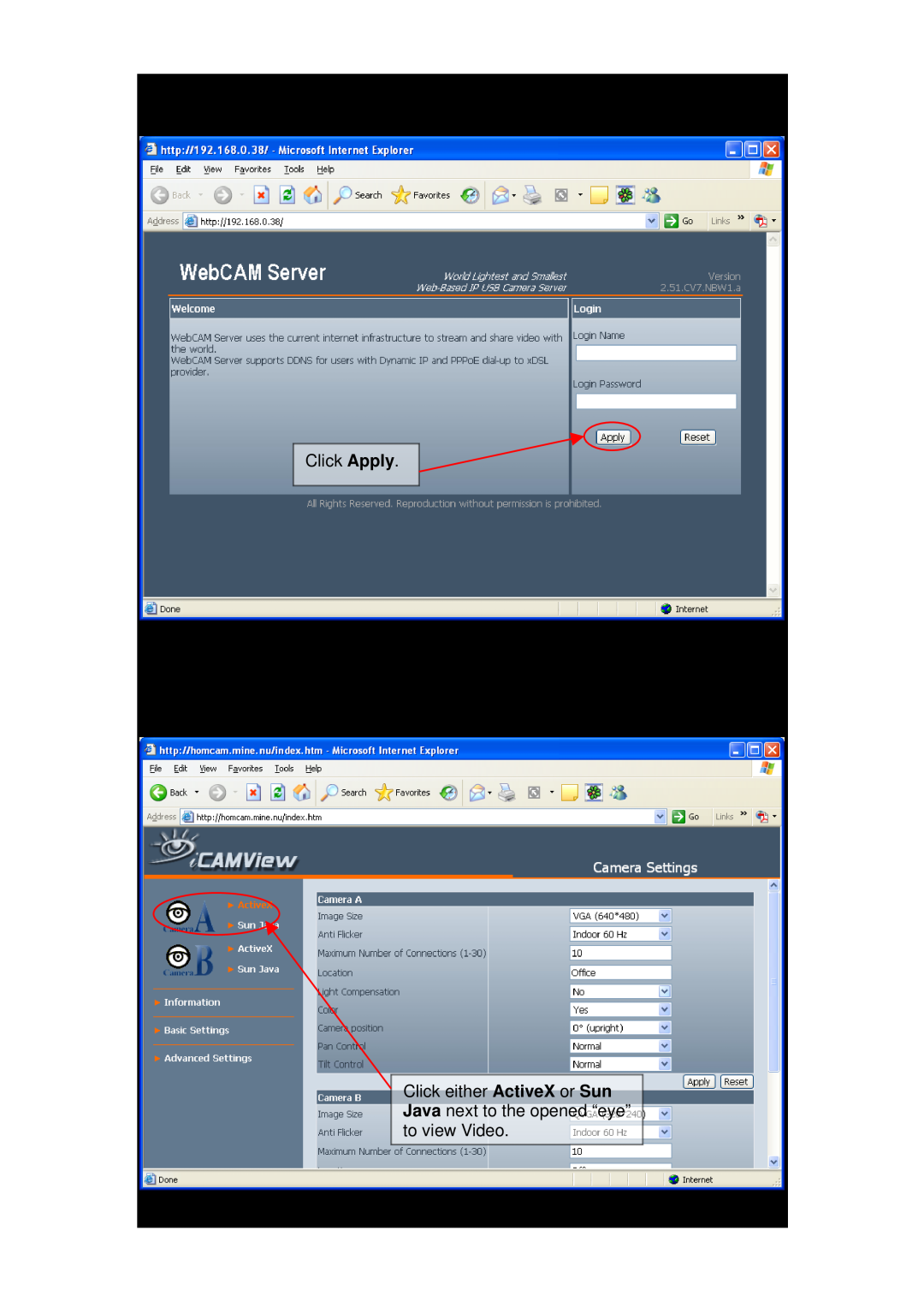 3Com iCV-01a, iCV-08, iCV-03a user manual WebCAM login screen will appear Click Apply 