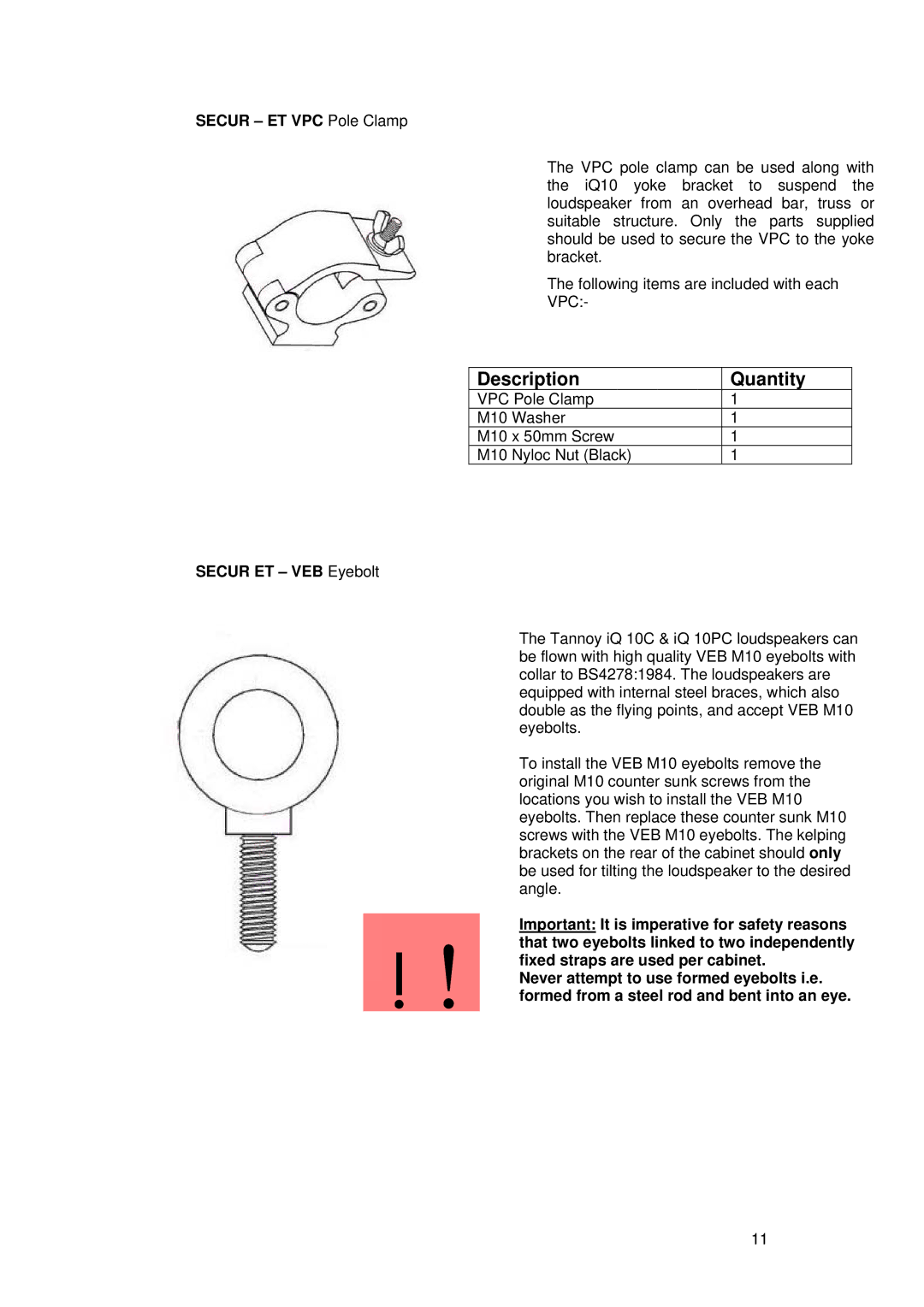 3Com iQ 10PC, iQ 10C Secur ET VPC Pole Clamp, Secur ET VEB Eyebolt, Important It is imperative for safety reasons 