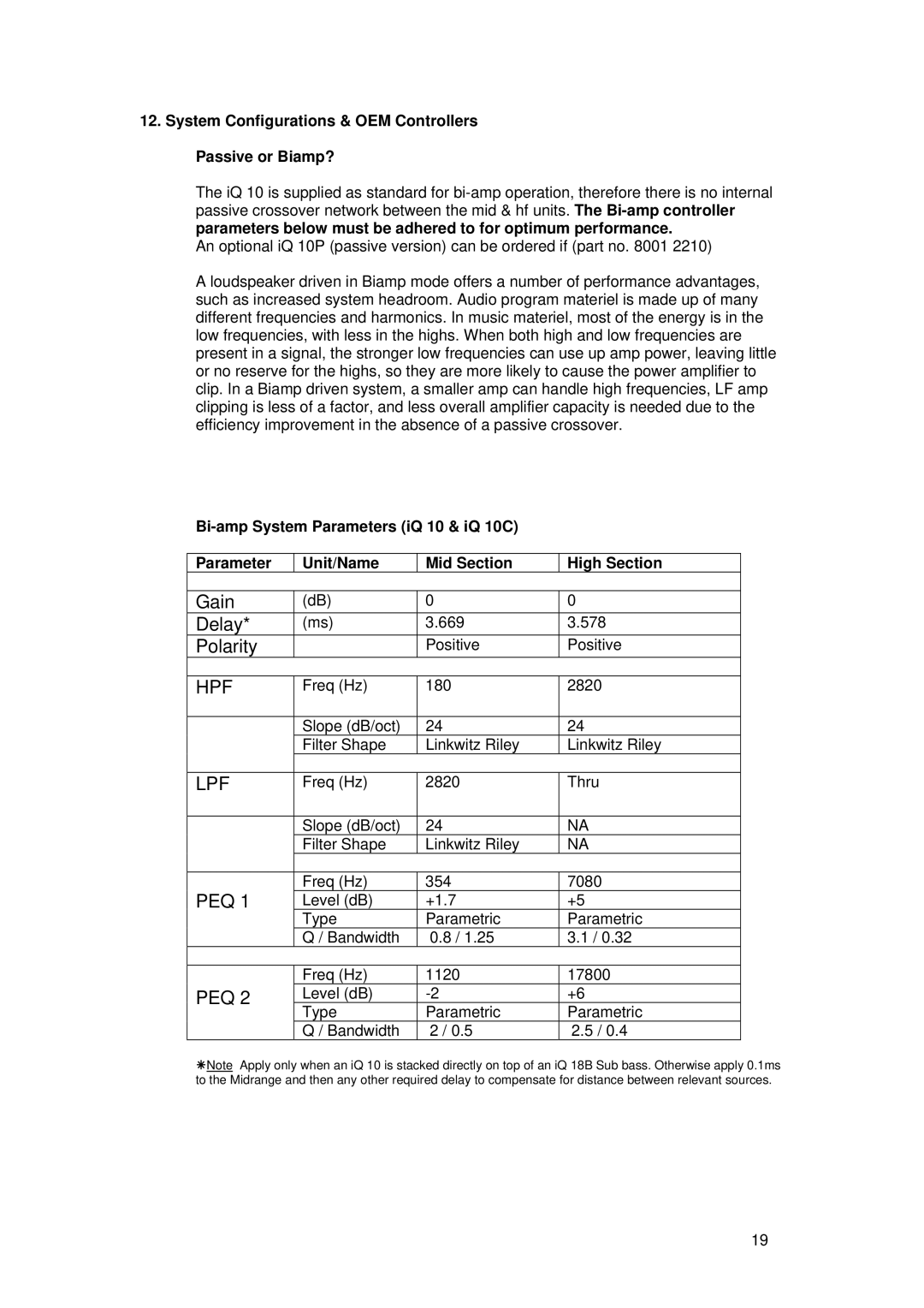 3Com iQ 10PC, iQ 10C System Configurations & OEM Controllers Passive or Biamp?, Level dB Type Parametric Bandwidth 