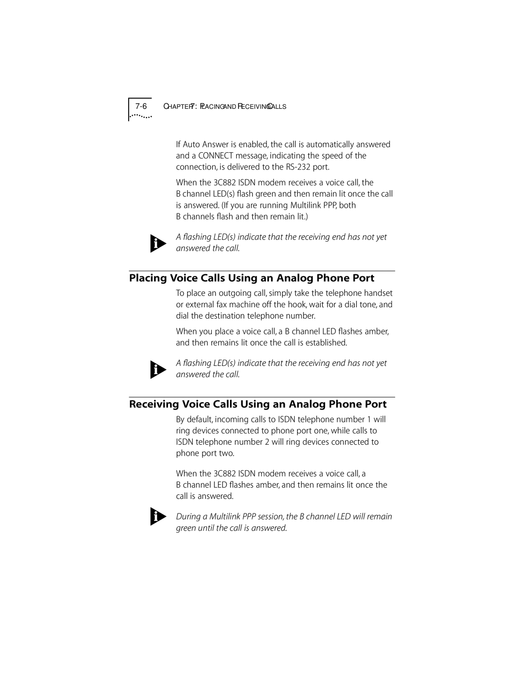 3Com ISDN Modem manual Placing Voice Calls Using an Analog Phone Port, Receiving Voice Calls Using an Analog Phone Port 