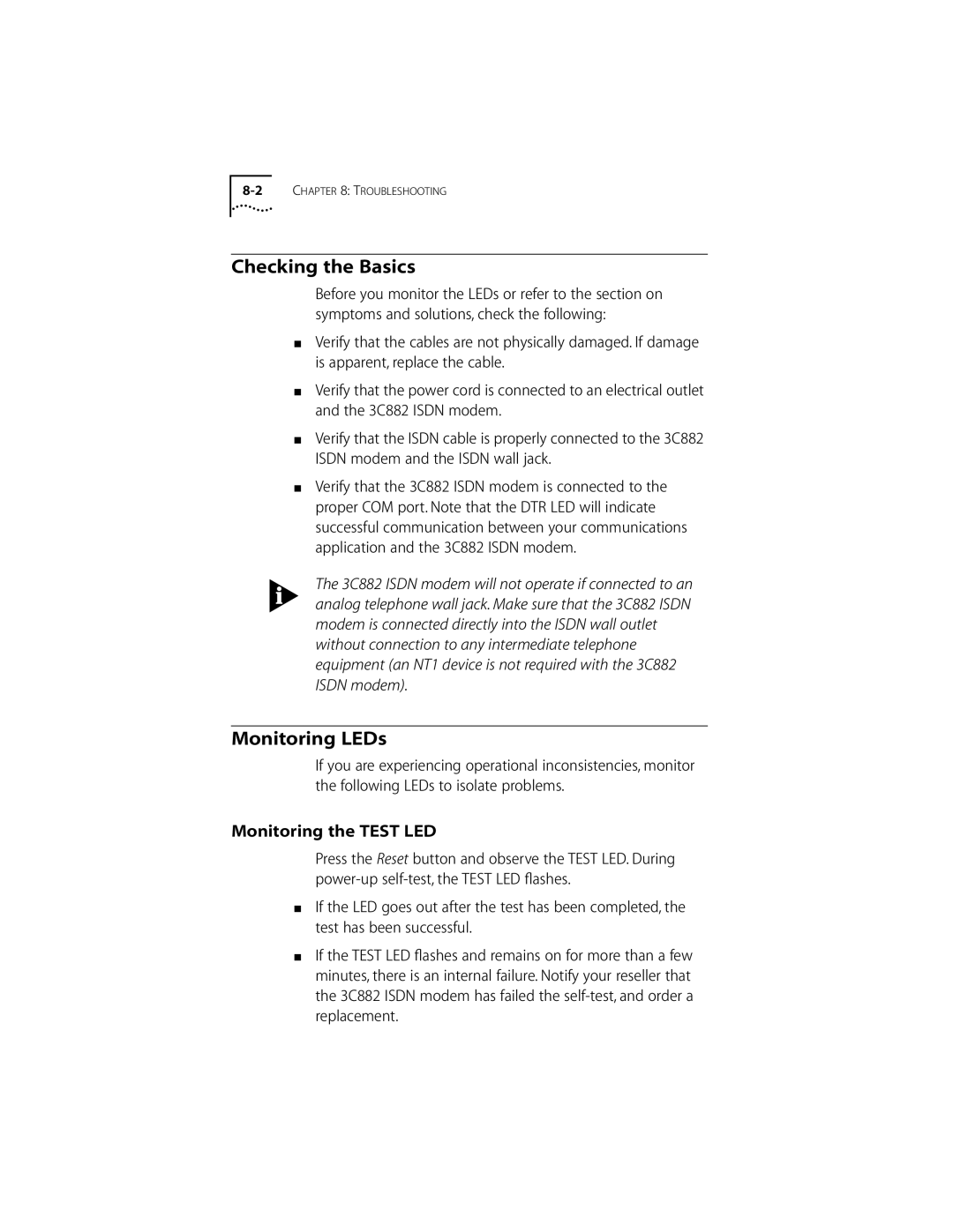 3Com ISDN Modem manual Checking the Basics, Monitoring LEDs, Monitoring the Test LED 