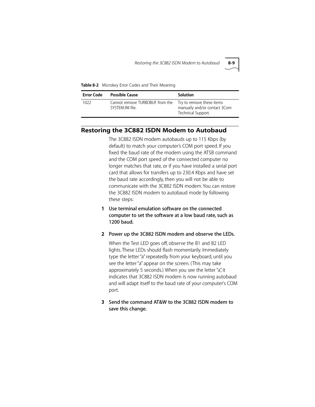 3Com ISDN Modem manual Restoring the 3C882 Isdn Modem to Autobaud, Error Code Possible Cause Solution 1022 