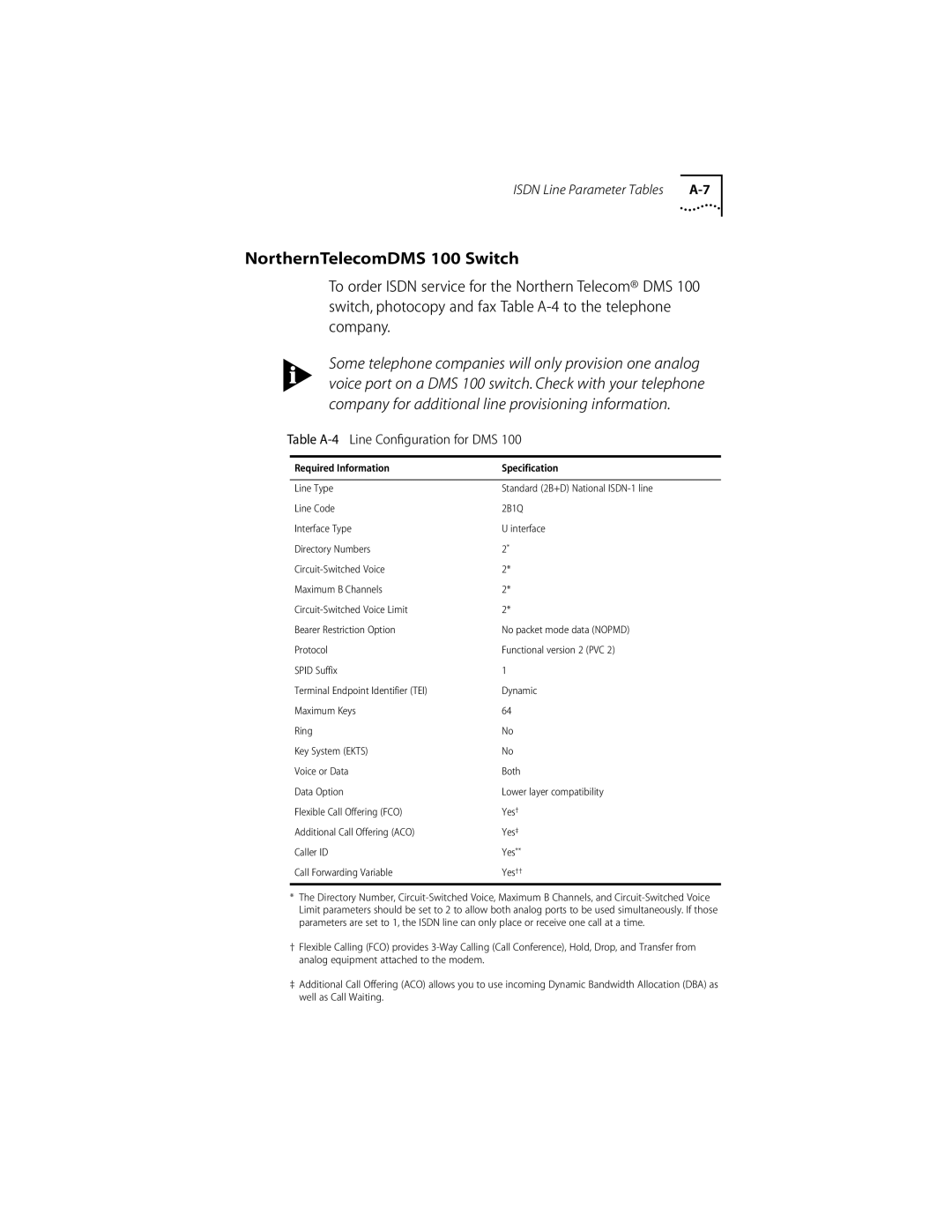 3Com ISDN Modem manual NorthernTelecomDMS 100 Switch, Table A-4 Line Conﬁguration for DMS 