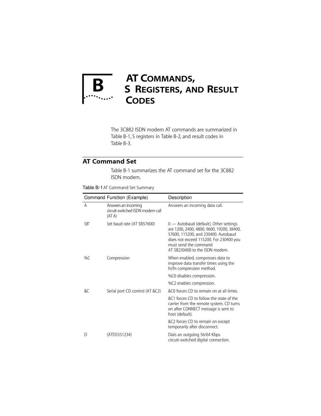 3Com ISDN Modem manual AT Commands REGISTERS, and Result Codes, AT Command Set 