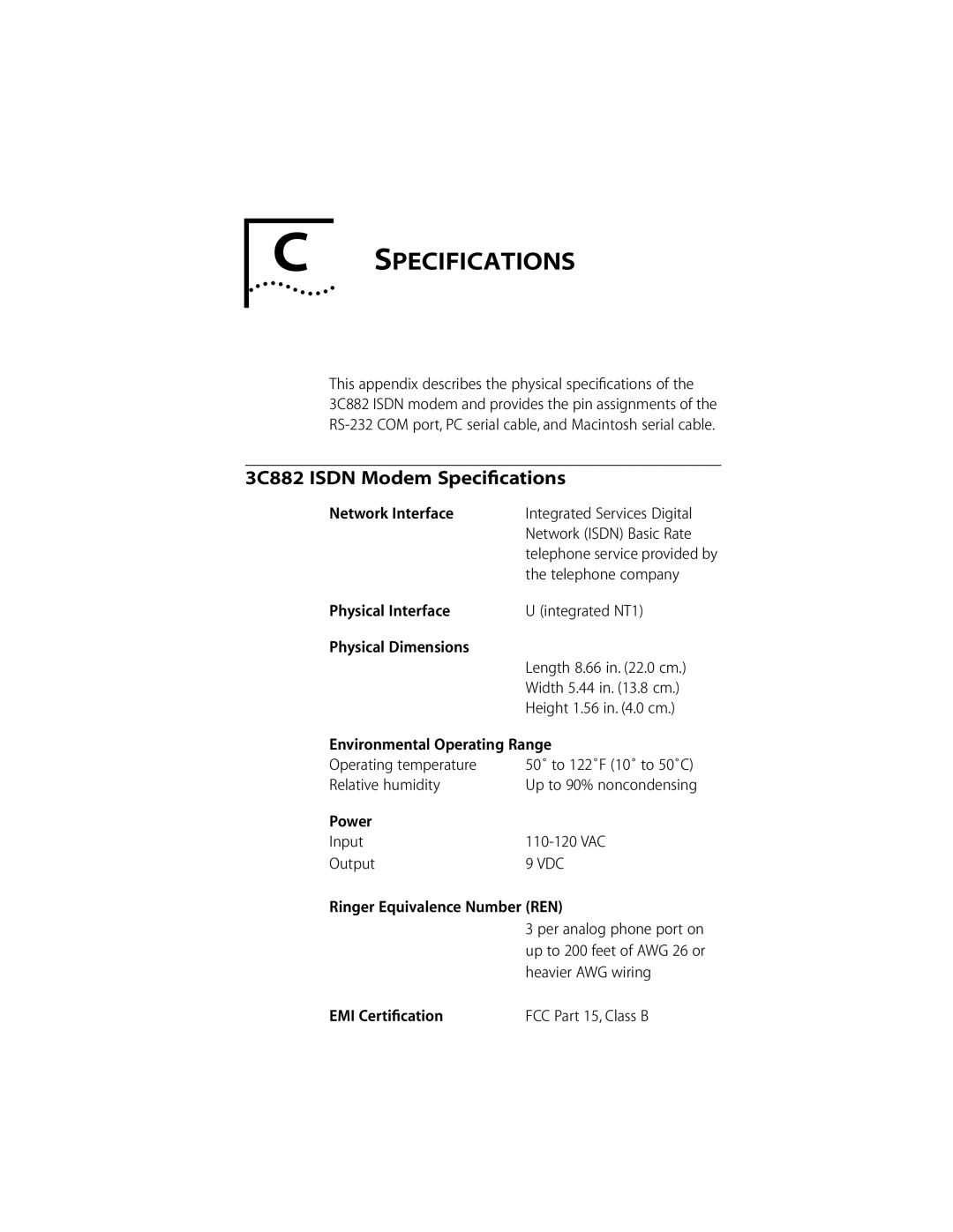 3Com ISDN Modem manual Specifications, 3C882 Isdn Modem Speciﬁcations 