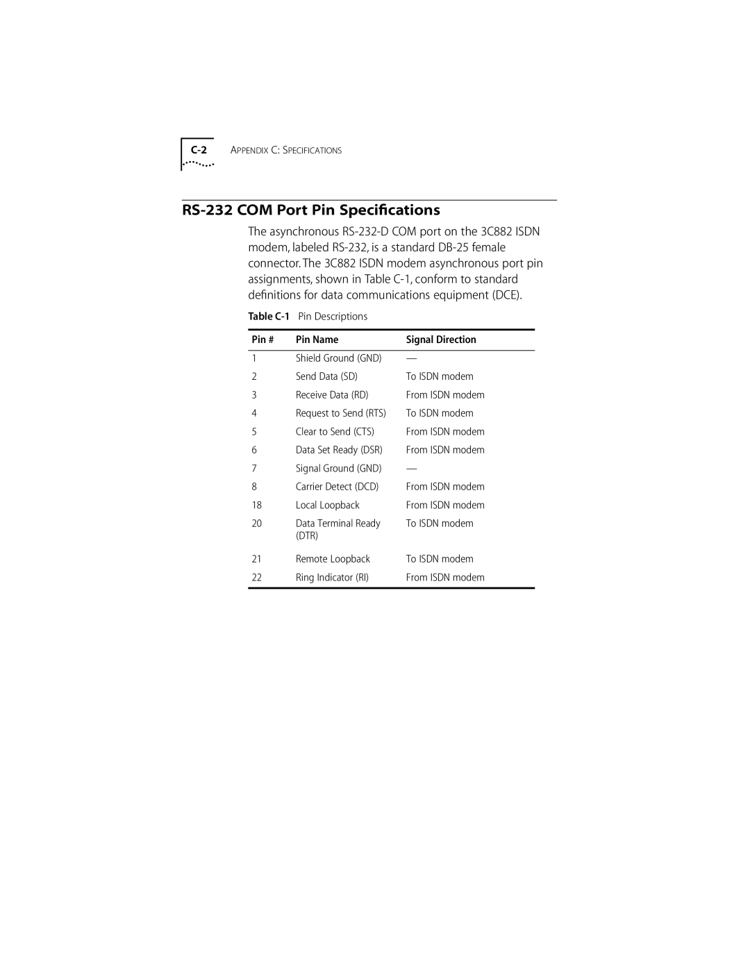 3Com ISDN Modem manual RS-232 COM Port Pin Speciﬁcations, Clear to Send CTS From Isdn modem 