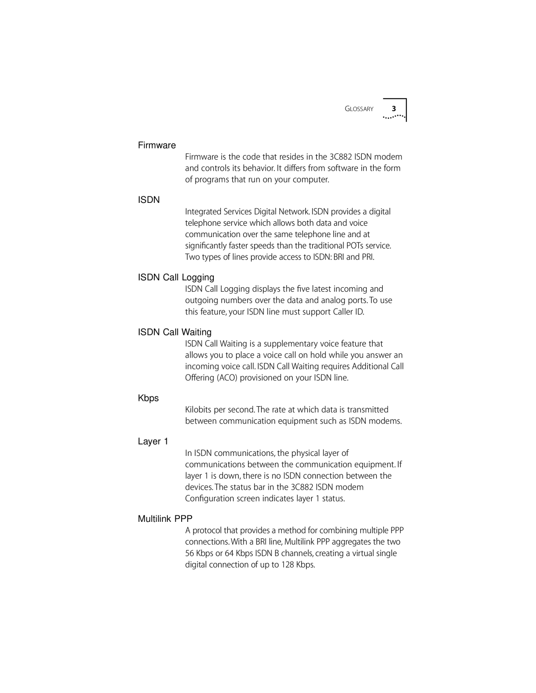 3Com ISDN Modem manual Firmware, Kbps, Layer, Multilink PPP 
