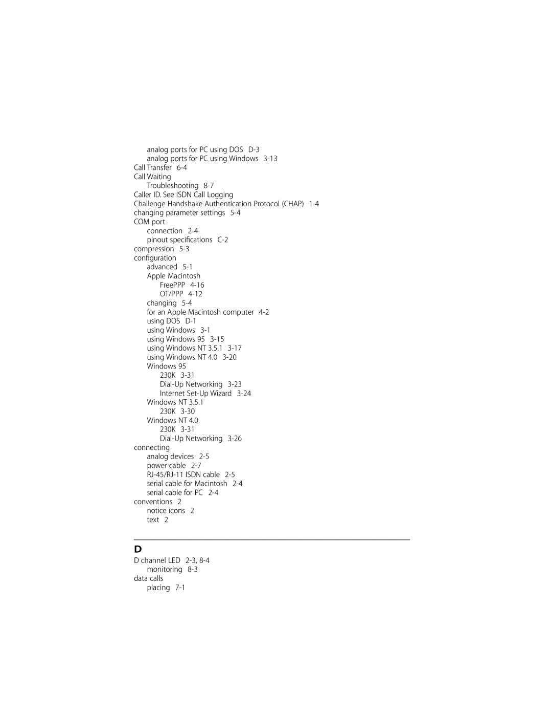 3Com ISDN Modem manual Pinout speciﬁcations C-2 compression 5-3 conﬁguration, FreePPP, Data calls placing 