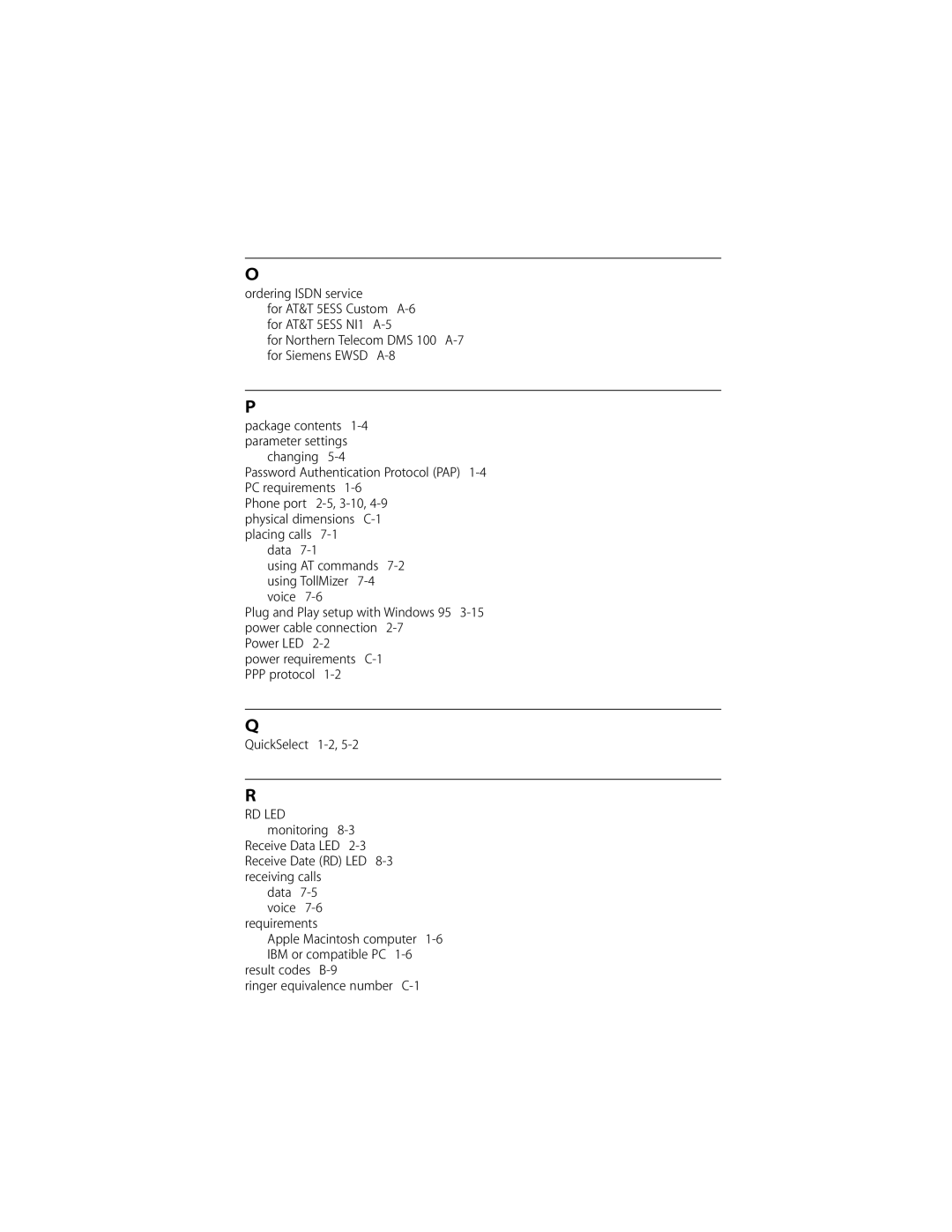 3Com ISDN Modem manual Ordering Isdn service, Result codes B-9 Ringer equivalence number C-1 