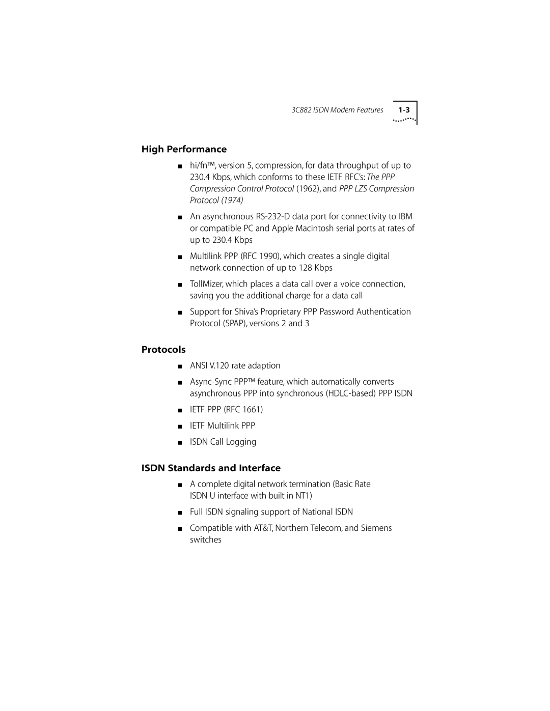 3Com ISDN Modem manual High Performance, Protocols, Isdn Standards and Interface, Ansi V.120 rate adaption 