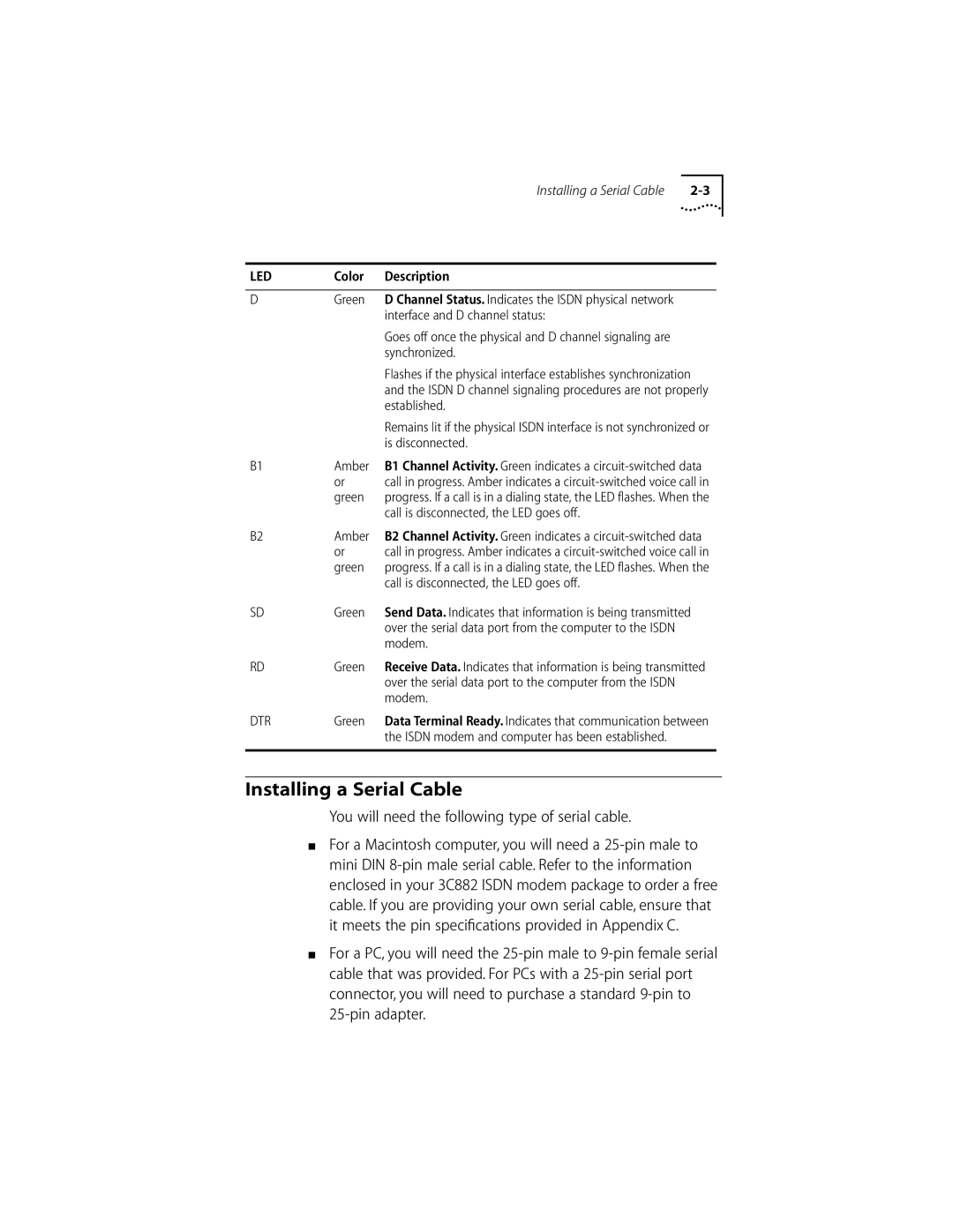 3Com ISDN Modem manual Installing a Serial Cable, You will need the following type of serial cable 