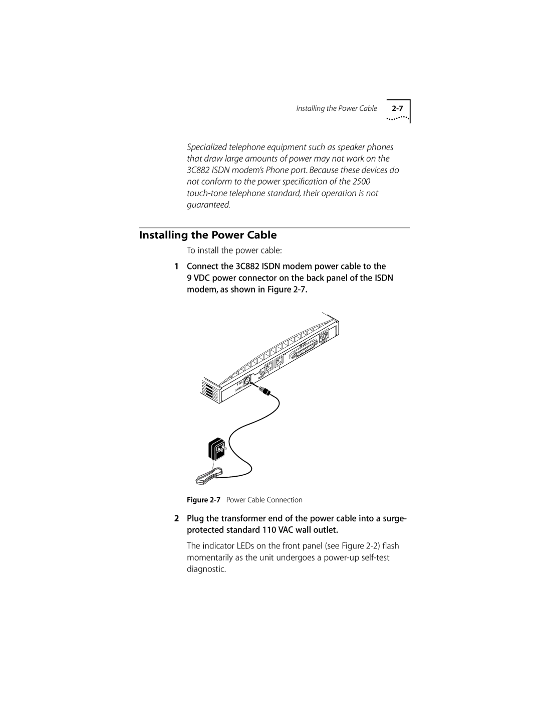 3Com ISDN Modem manual Installing the Power Cable, Power Cable Connection 