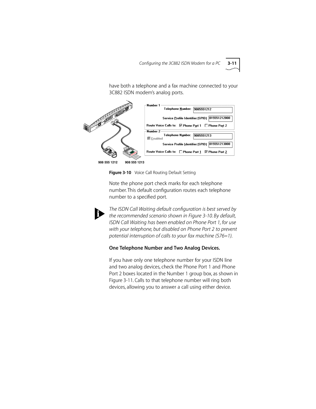 3Com ISDN Modem manual One Telephone Number and Two Analog Devices, Voice Call Routing Default Setting 