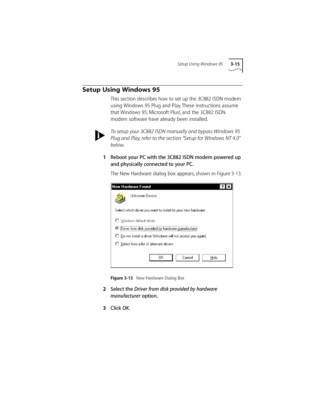 3Com ISDN Modem manual Setup Using Windows, New Hardware Dialog Box 