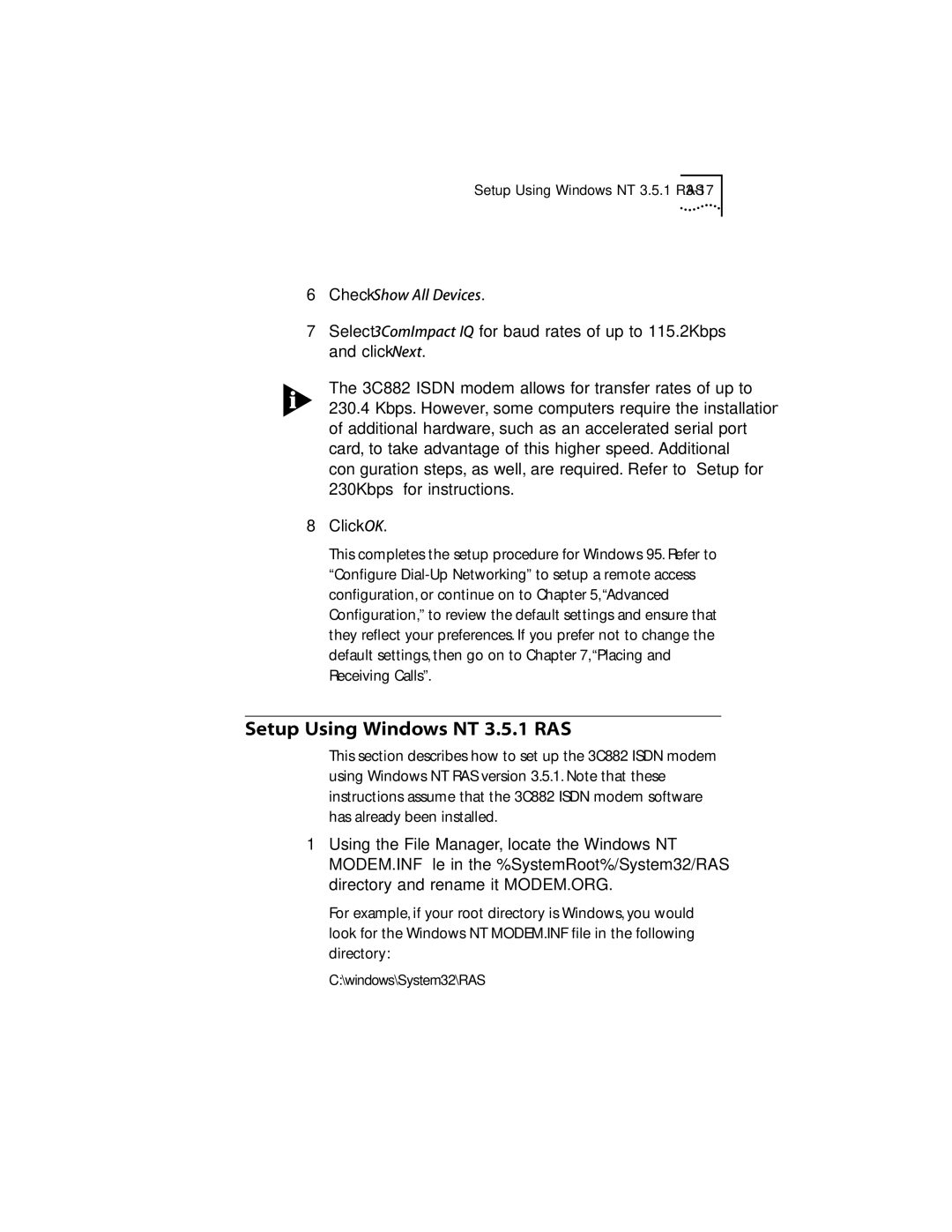 3Com ISDN Modem manual Setup Using Windows NT 3.5.1 RAS, Check Show All Devices 