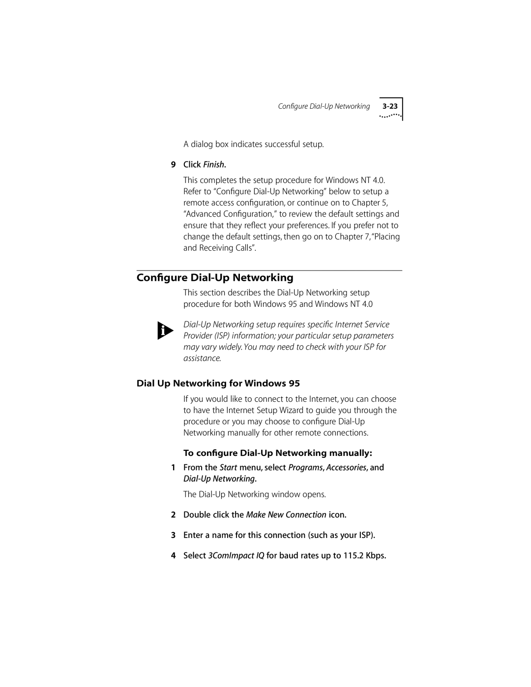 3Com ISDN Modem manual Conﬁgure Dial-Up Networking, Dial Up Networking for Windows 