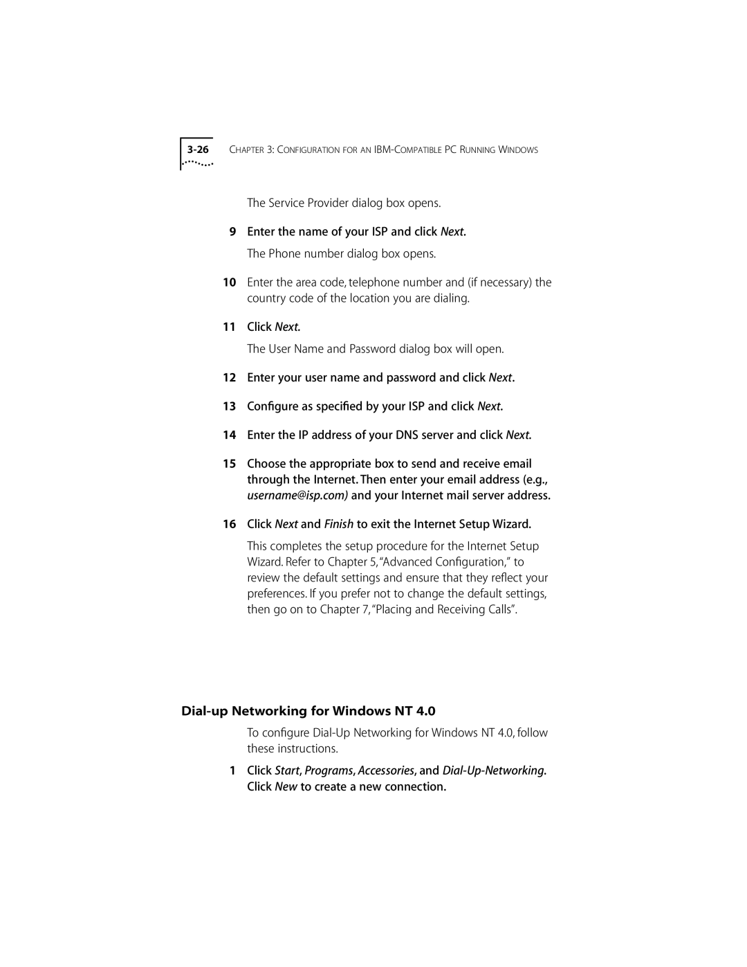 3Com ISDN Modem manual Dial-up Networking for Windows NT, Service Provider dialog box opens 