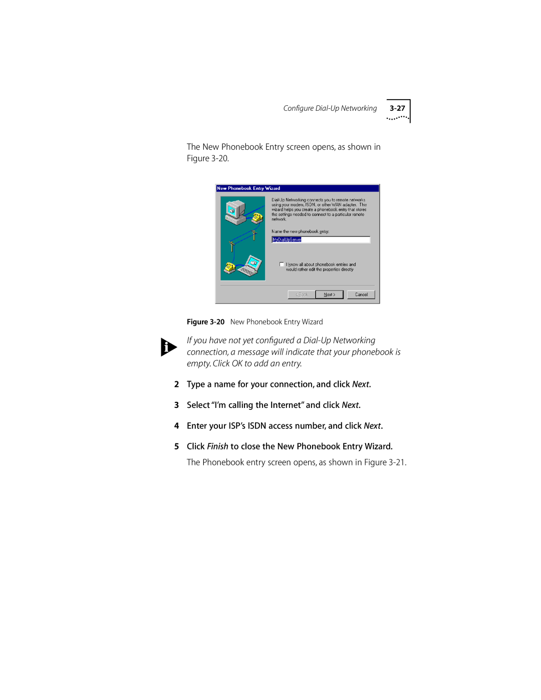 3Com ISDN Modem manual New Phonebook Entry screen opens, as shown in Figure, New Phonebook Entry Wizard 