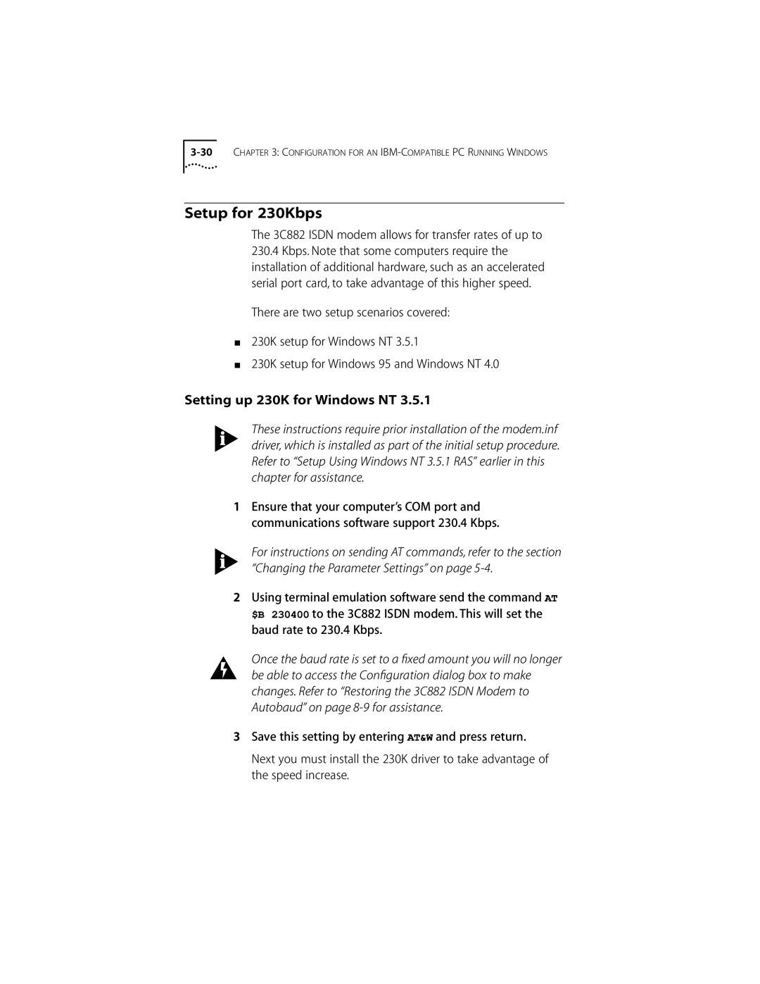 3Com ISDN Modem Setup for 230Kbps, Setting up 230K for Windows NT, 3C882 Isdn modem allows for transfer rates of up to 