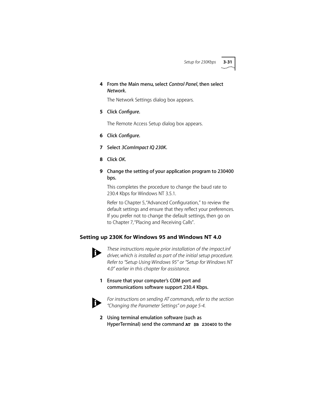 3Com ISDN Modem manual Setting up 230K for Windows 95 and Windows NT, Click Conﬁgure Select 3ComImpact IQ 230K 