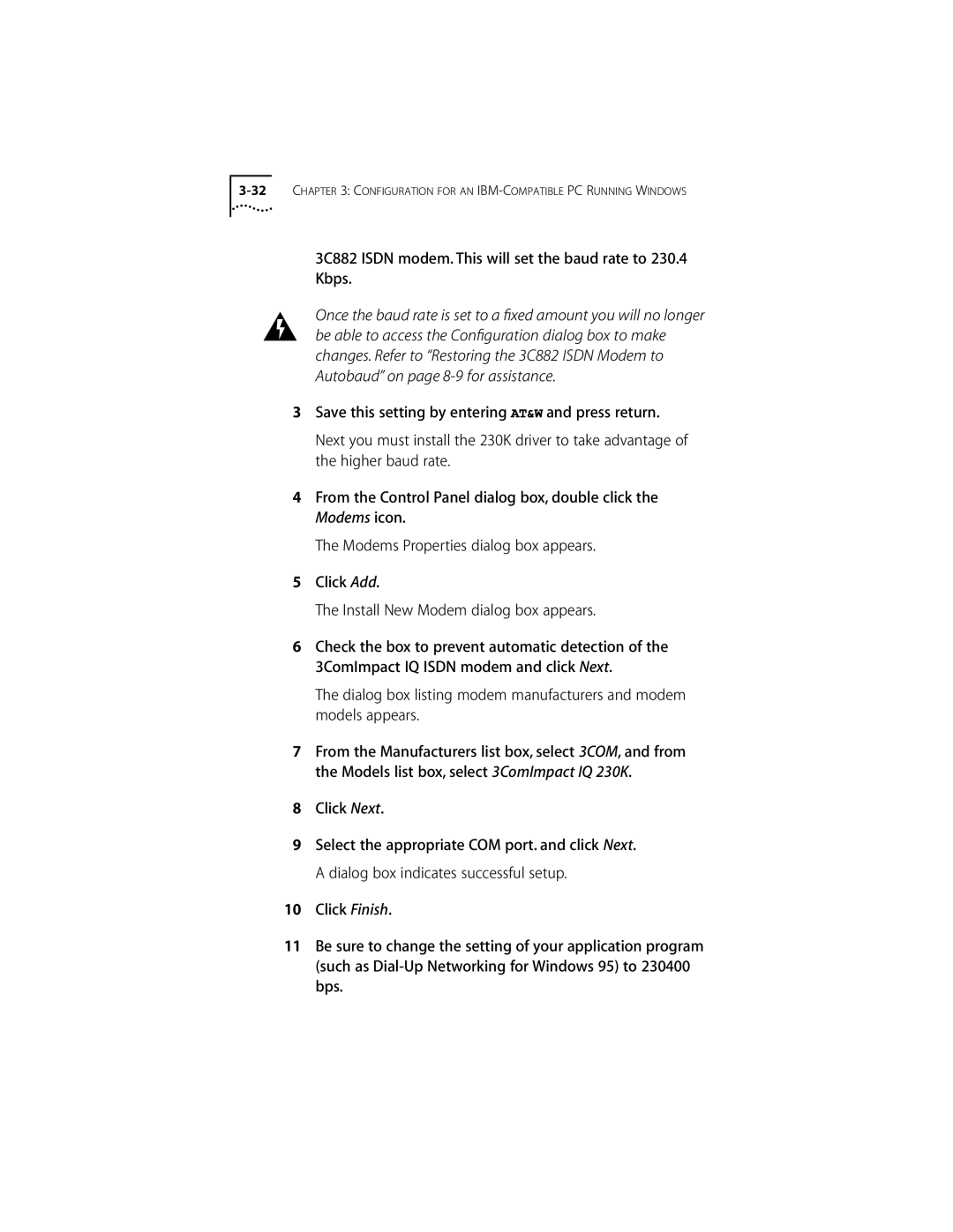 3Com ISDN Modem manual 3C882 Isdn modem. This will set the baud rate to 230.4 Kbps, Click Next 