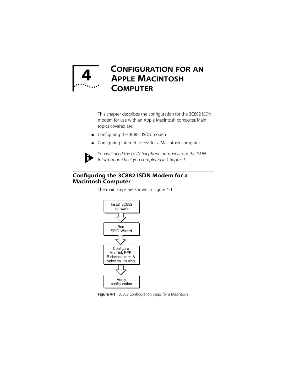 3Com ISDN Modem Configuration for AN Apple Macintosh Computer, Conﬁguring the 3C882 Isdn Modem for a Macintosh Computer 