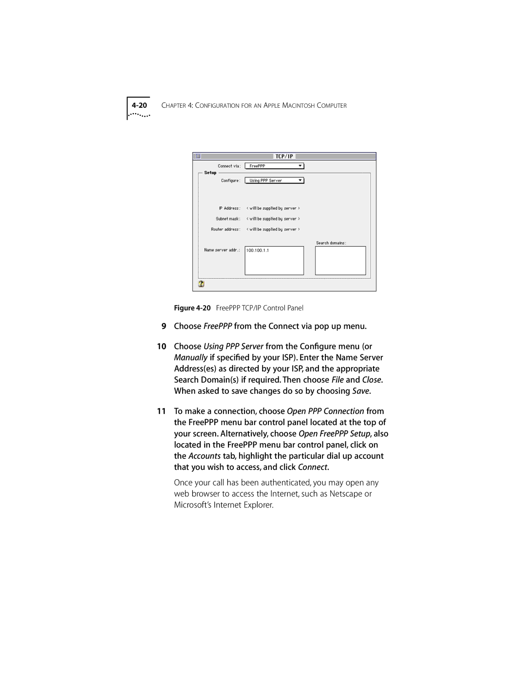 3Com ISDN Modem manual Choose FreePPP from the Connect via pop up menu, FreePPP TCP/IP Control Panel 