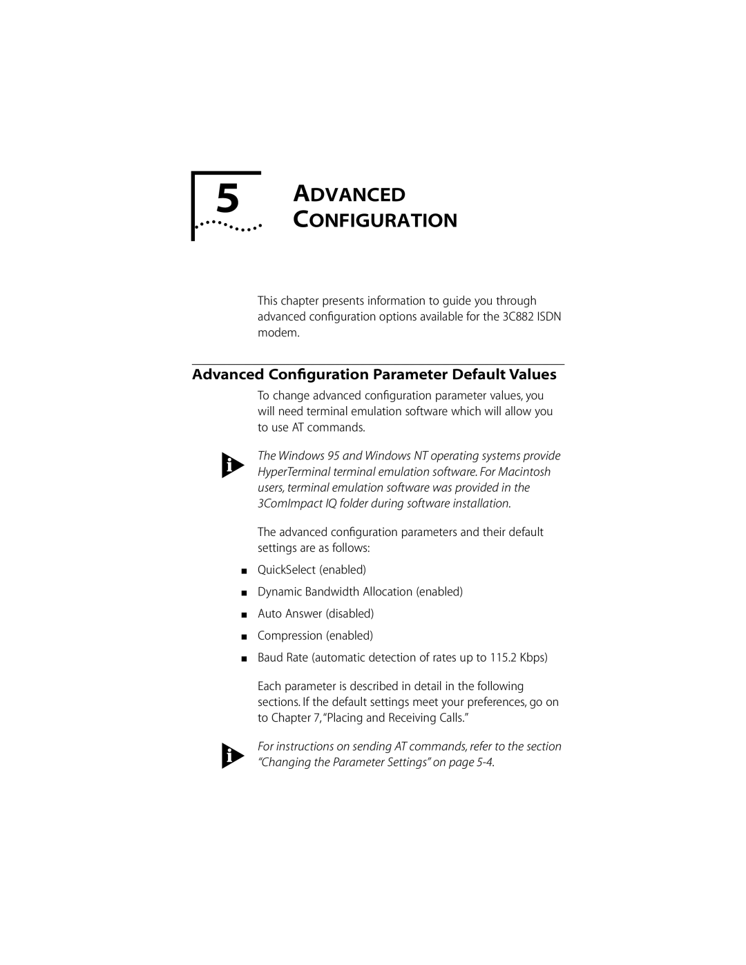 3Com ISDN Modem manual Advanced Configuration, Advanced Conﬁguration Parameter Default Values 