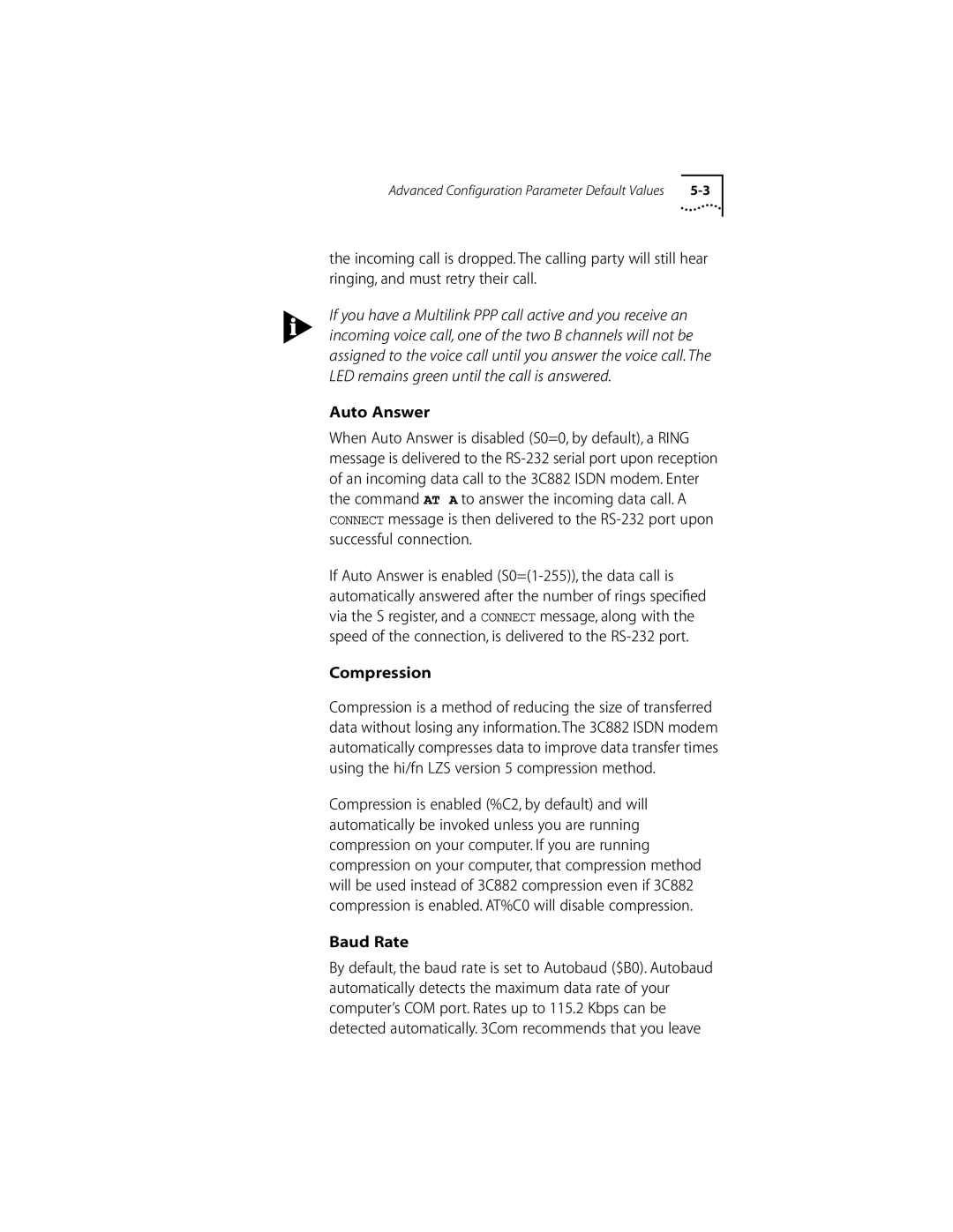 3Com ISDN Modem manual Auto Answer, Compression, Baud Rate 