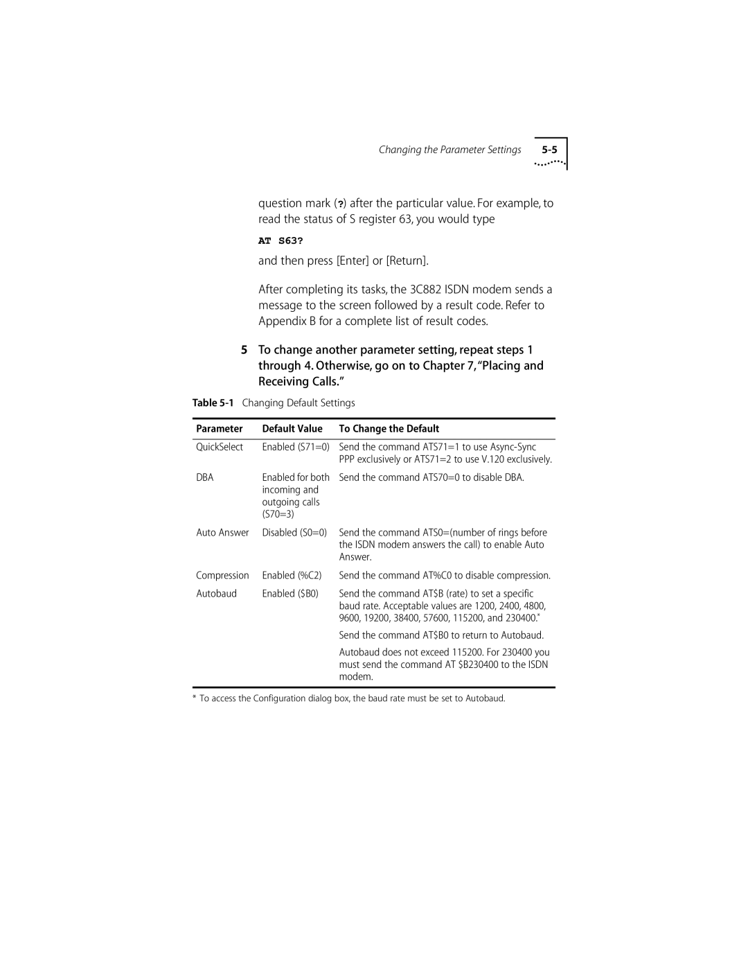 3Com ISDN Modem manual Incoming Outgoing calls S70=3 Auto Answer, Enabled %C2, Autobaud Enabled $B0 