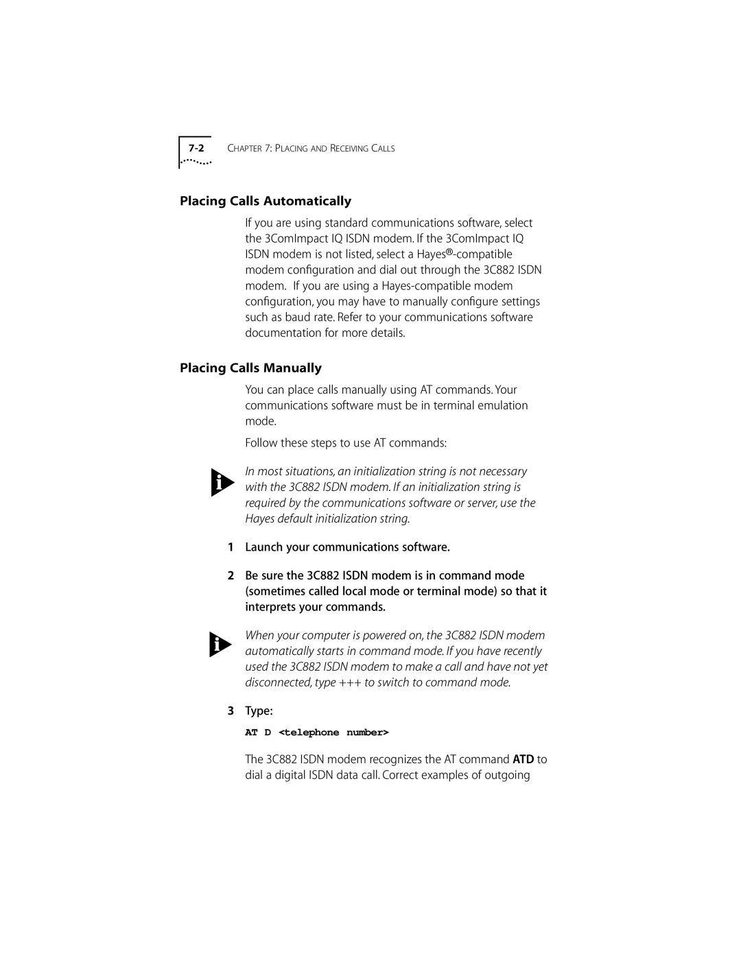 3Com ISDN Modem manual Placing Calls Automatically, Placing Calls Manually 