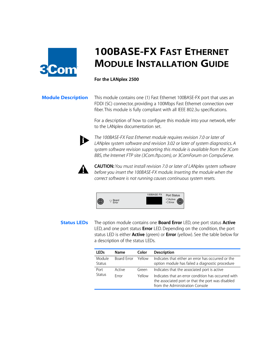 3Com LANplex 2500 specifications 100BASE-FX Fast Ethernet 