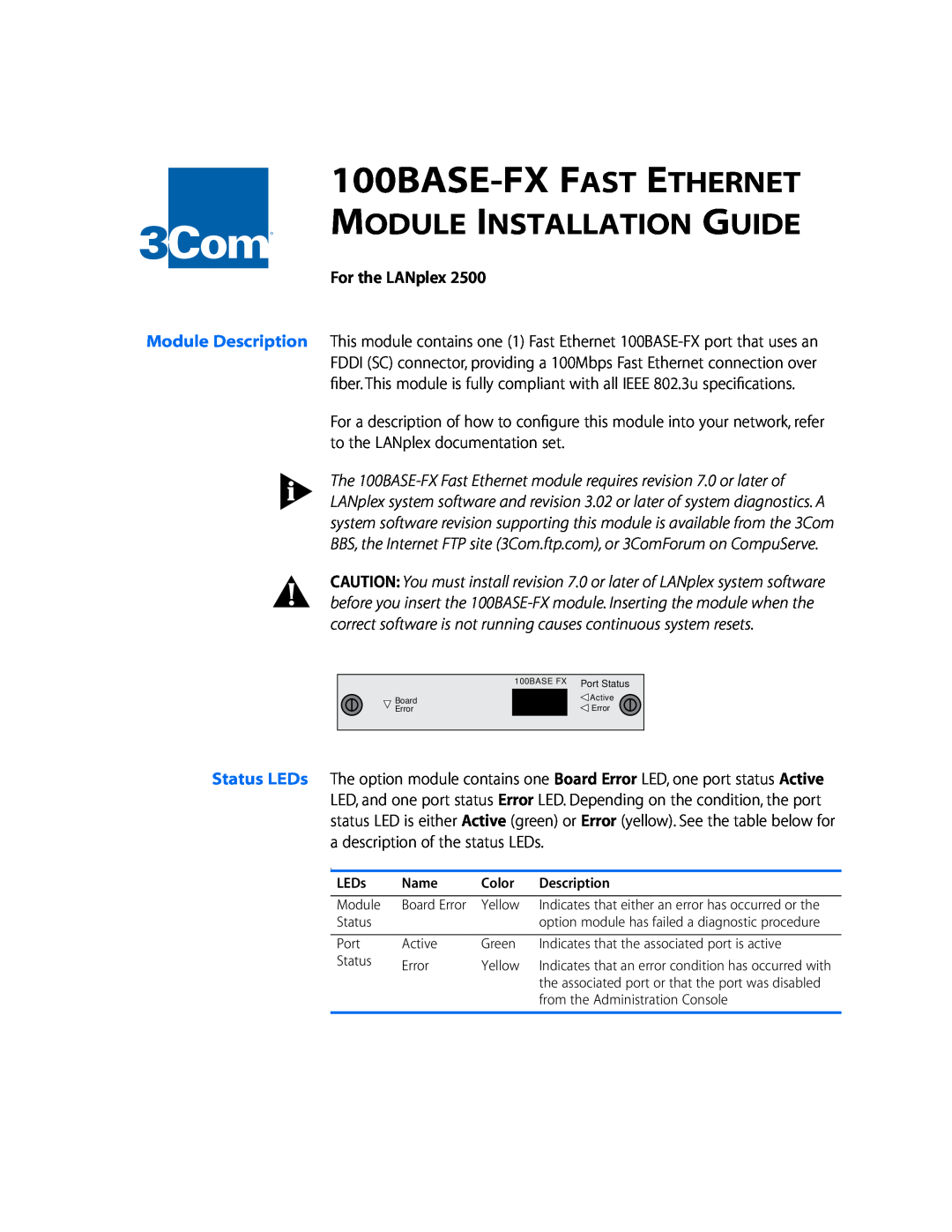 3Com LANplex 2500 specifications 100BASE-FX FAST ETHERNET, R Module Installation Guide 