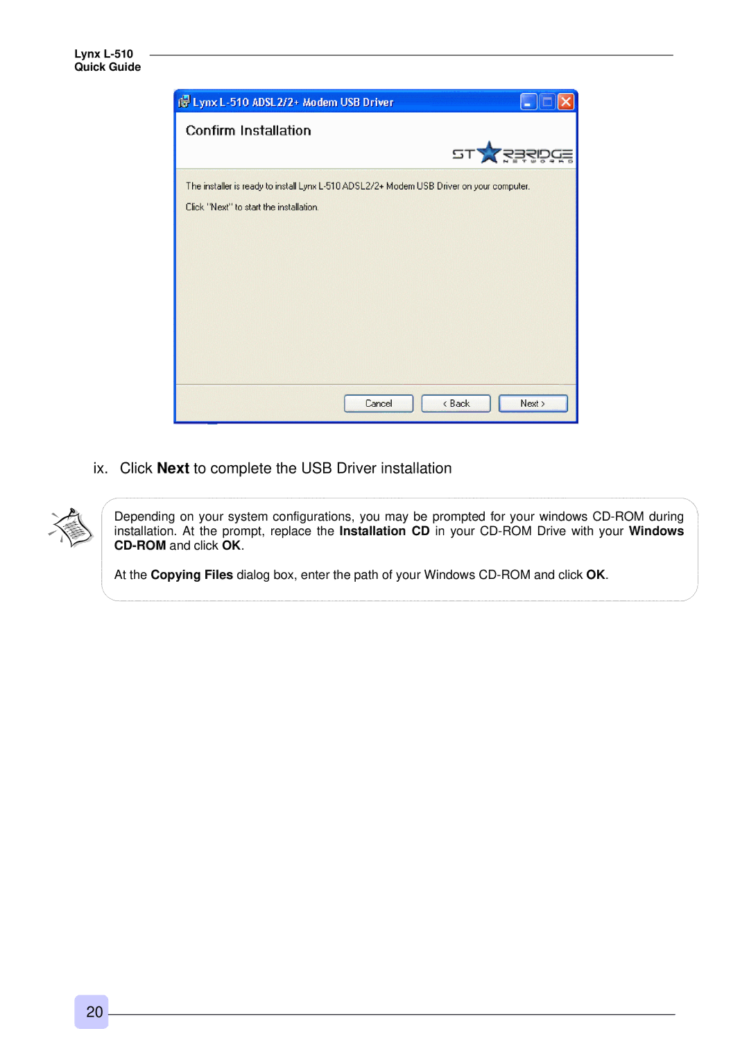 3Com Lynx L-510 warranty Ix. Click Next to complete the USB Driver installation 