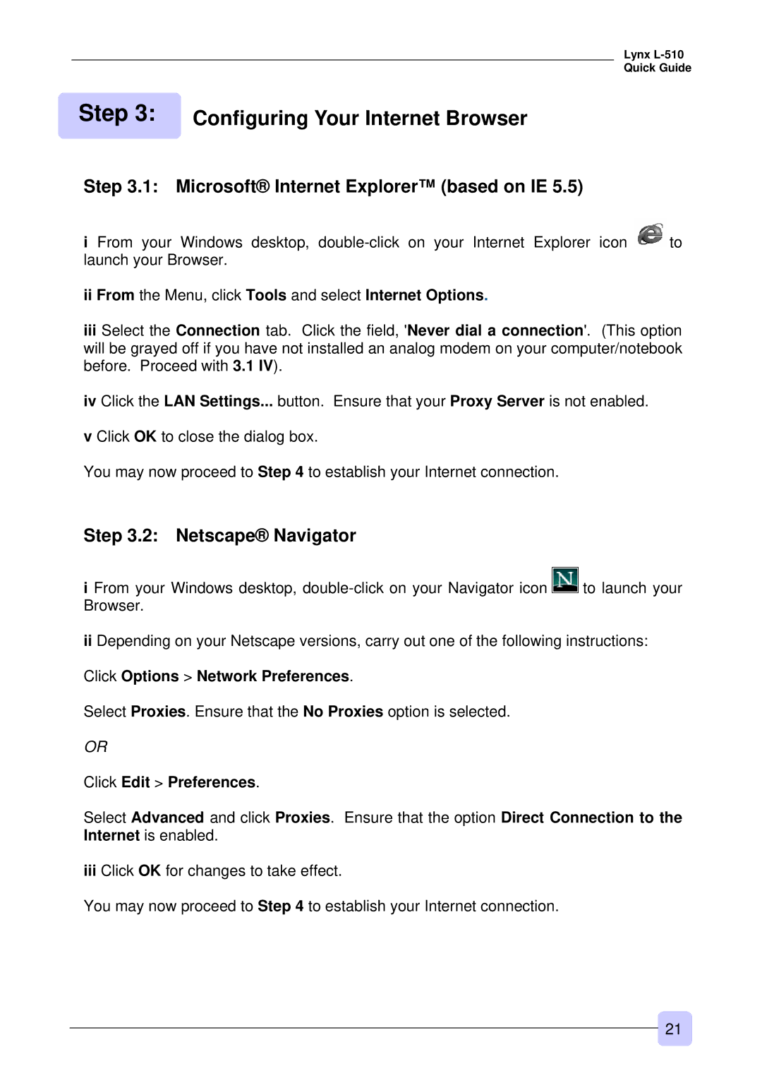 3Com Lynx L-510 warranty Configuring Your Internet Browser, Microsoft Internet Explorer based on IE, Netscape Navigator 