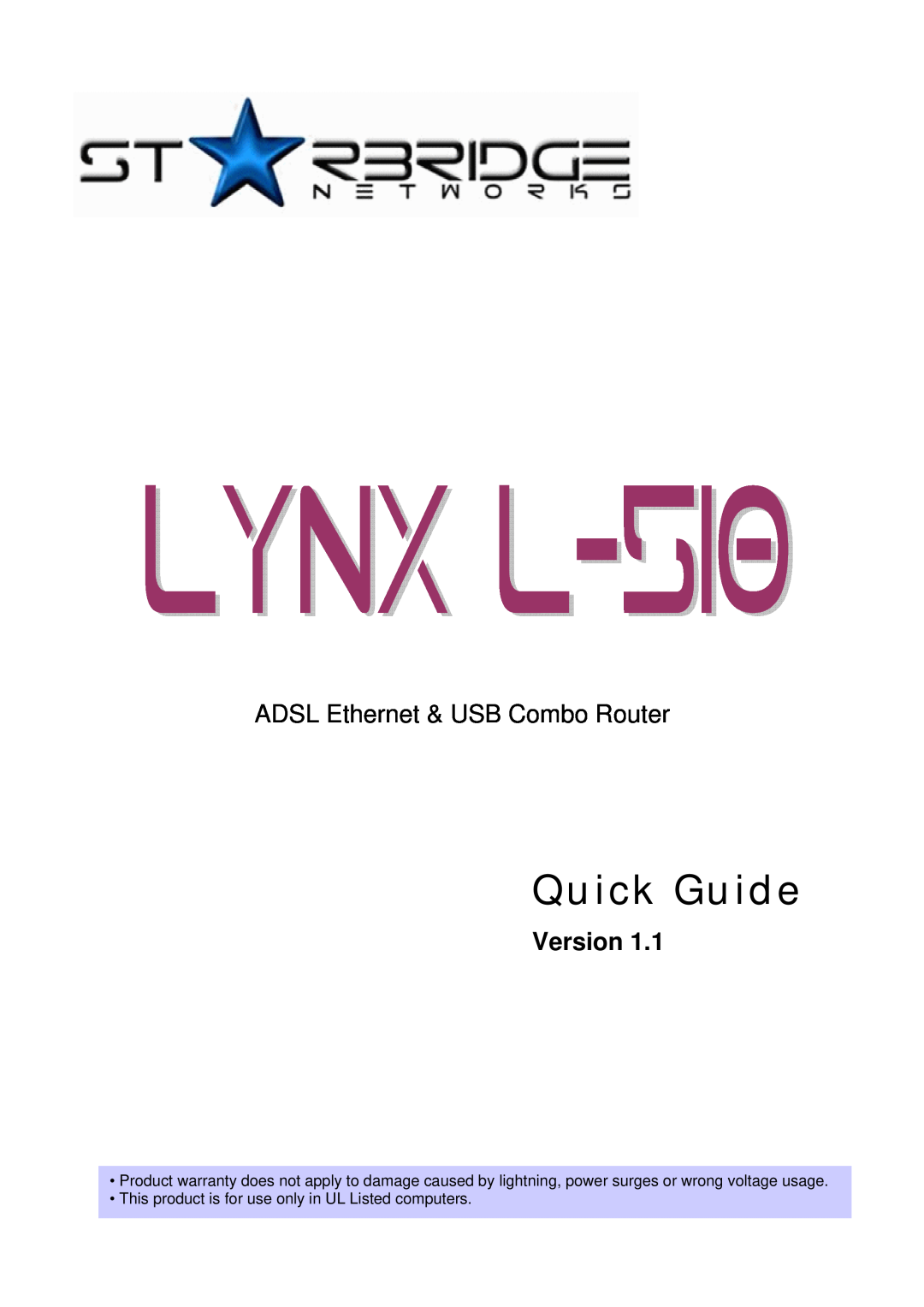3Com Lynx L-510 warranty Version, Quick Guide, ADSL Ethernet & USB Combo Router 