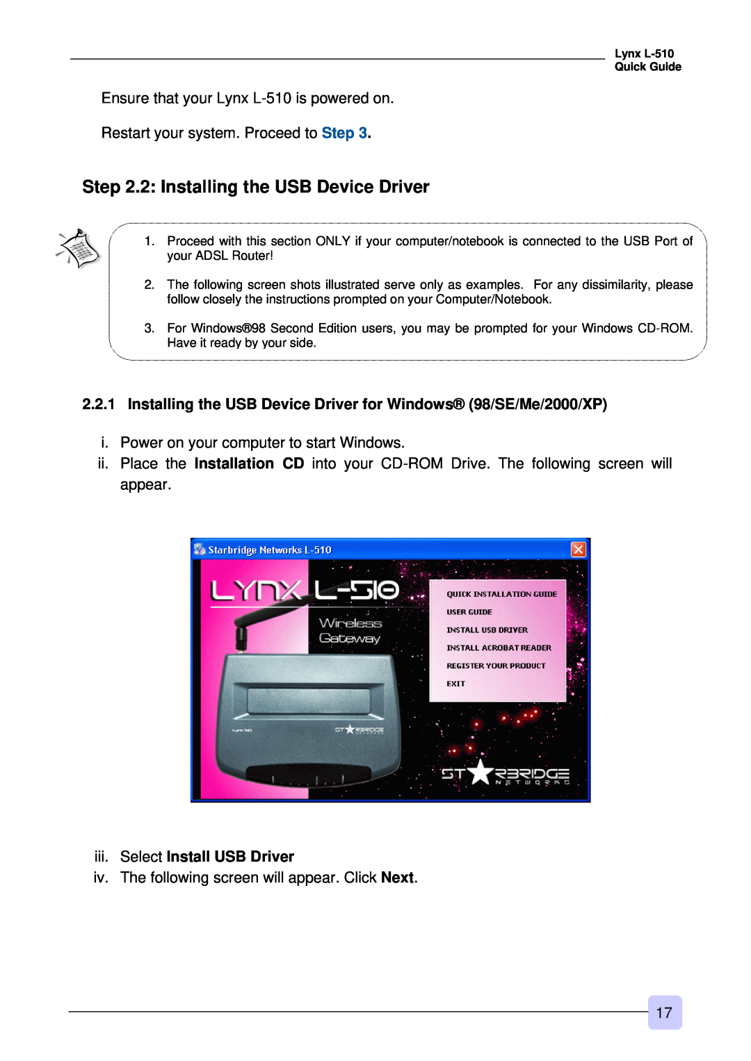 3Com Lynx L-510 warranty 2 Installing the USB Device Driver, Installing the USB Device Driver for Windows 98/SE/Me/2000/XP 