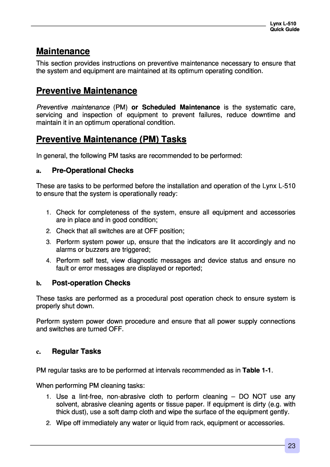 3Com Lynx L-510 warranty Preventive Maintenance PM Tasks, a. Pre-Operational Checks, b. Post-operation Checks 