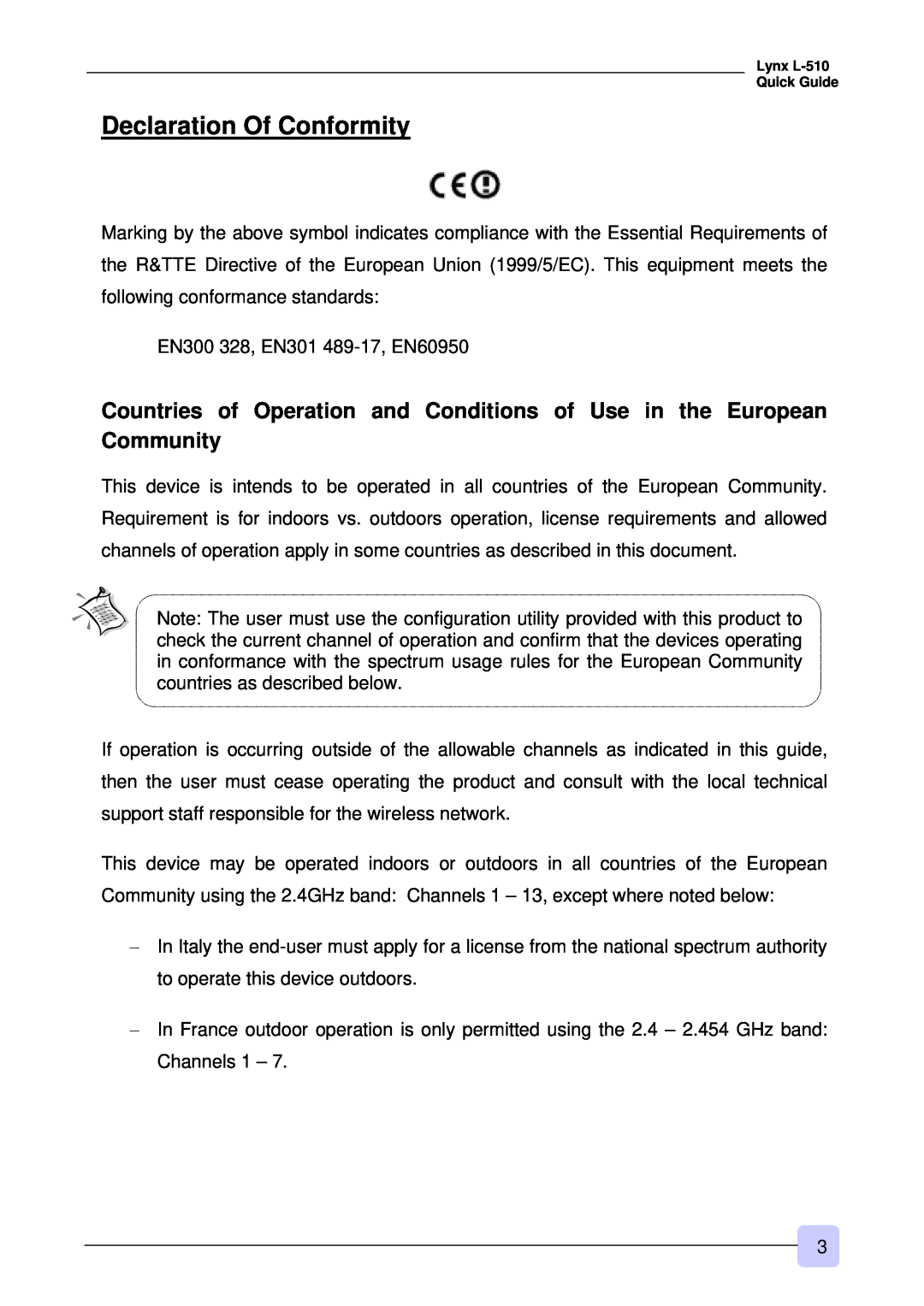 3Com Lynx L-510 warranty Declaration Of Conformity 
