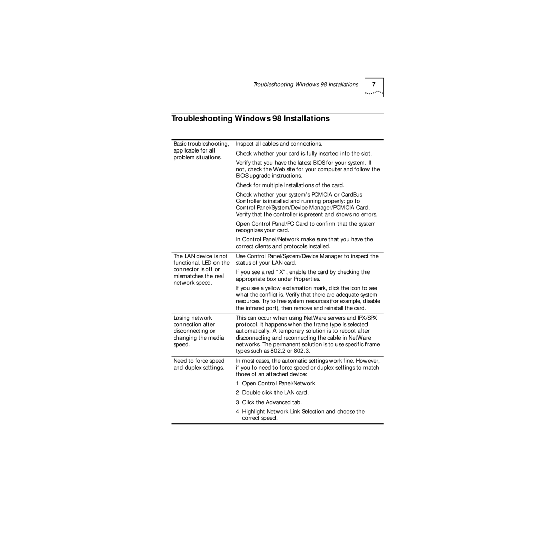 3Com Megahertz 100 manual Troubleshooting Windows 98 Installations 