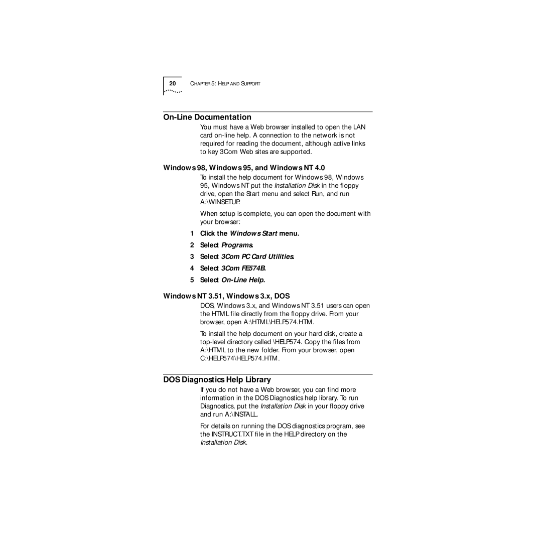 3Com Megahertz 10 manual On-Line Documentation, DOS Diagnostics Help Library, Windows 98, Windows 95, and Windows NT 