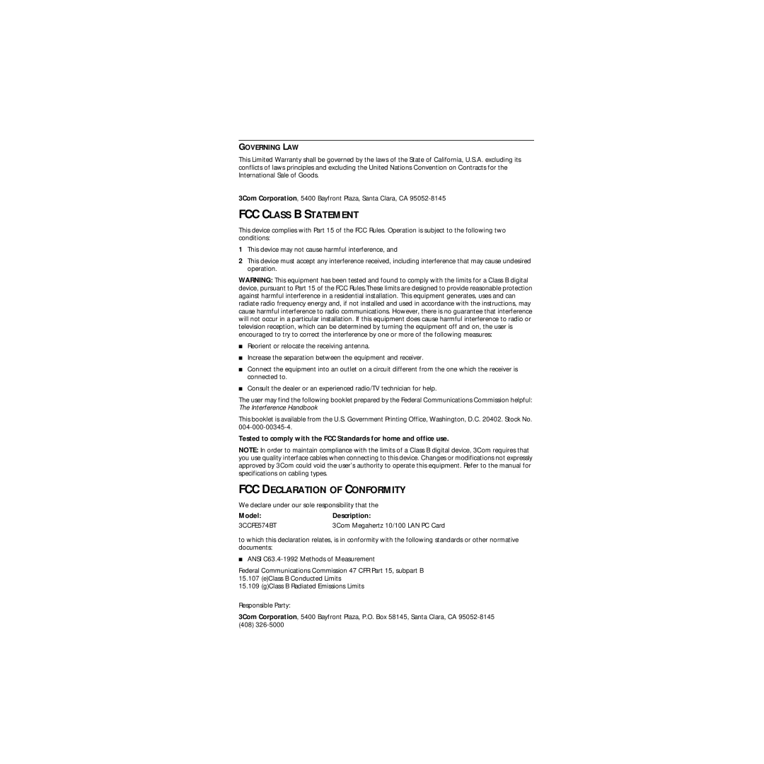 3Com Megahertz 100 manual FCC Class B Statement 