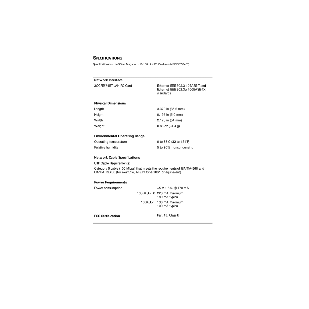 3Com Megahertz 100 manual Specifications 