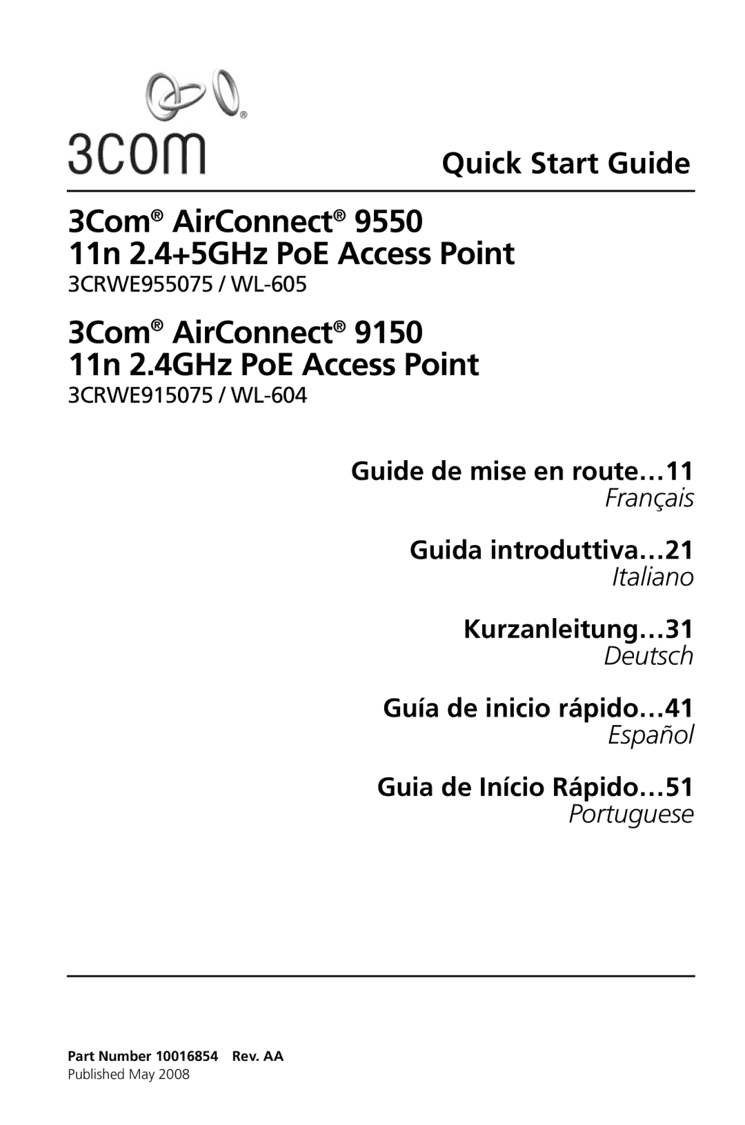 3Com Model WL-604 manual Guide de mise en route…11, Guida introduttiva…21, Kurzanleitung…31, Guía de inicio rápido…41 