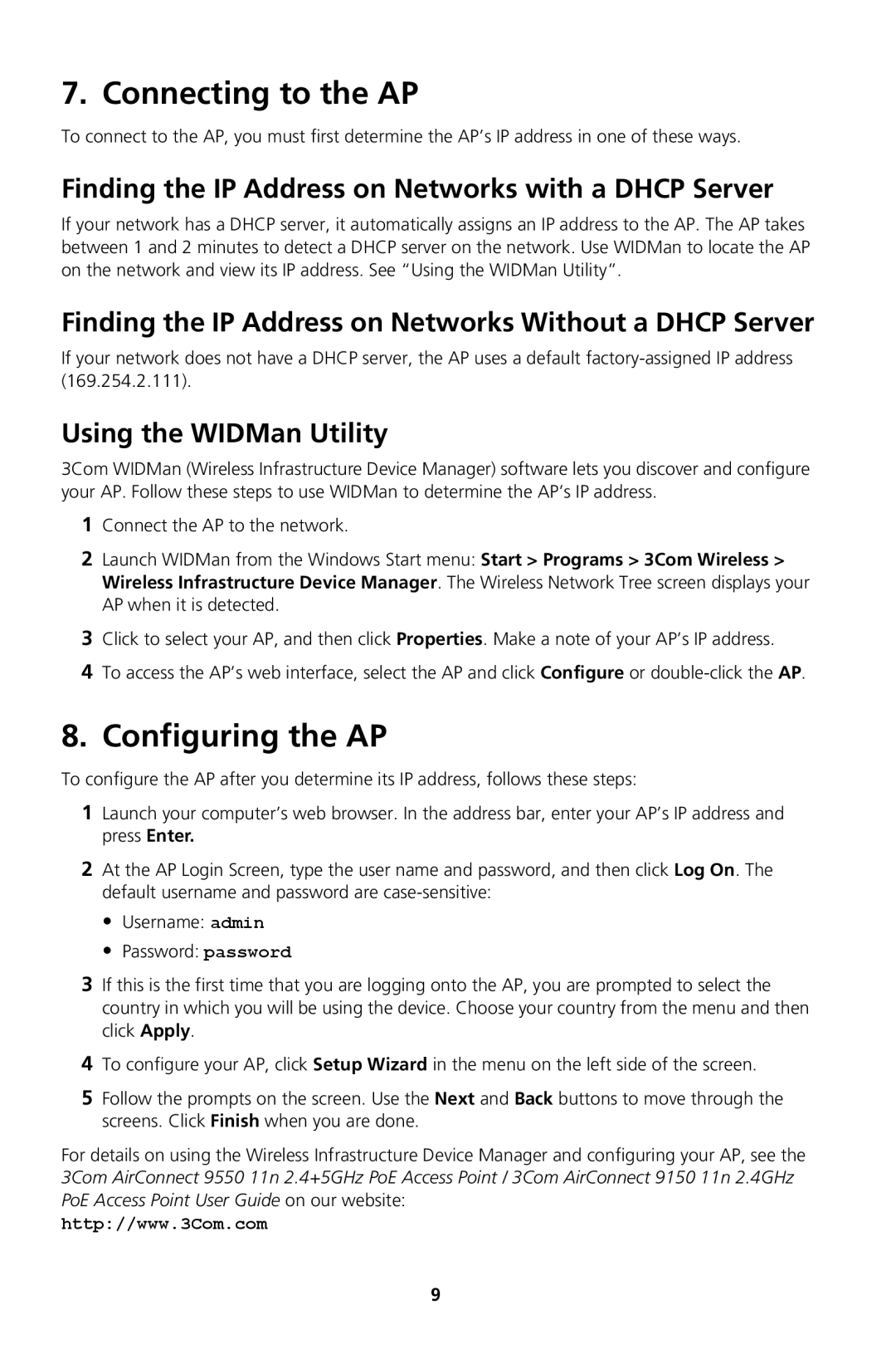 3Com Model WL-604 manual Connecting to the AP, Configuring the AP, Finding the IP Address on Networks with a Dhcp Server 