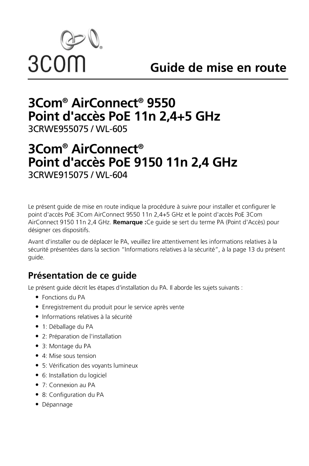 3Com Model WL-604, Model WL-605 manual 3Com AirConnect Point daccès PoE 9150 11n 2,4 GHz, Présentation de ce guide 