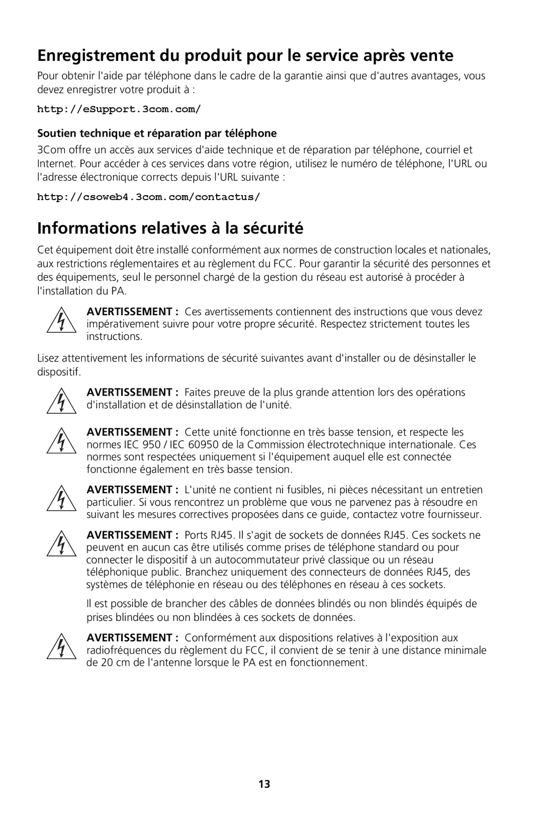 3Com Model WL-604 manual Enregistrement du produit pour le service après vente, Informations relatives à la sécurité 