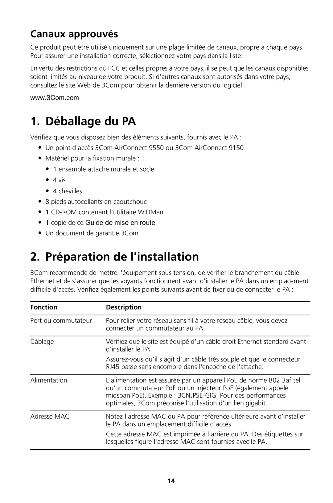 3Com Model WL-605, Model WL-604 manual Déballage du PA, Préparation de linstallation, Canaux approuvés 