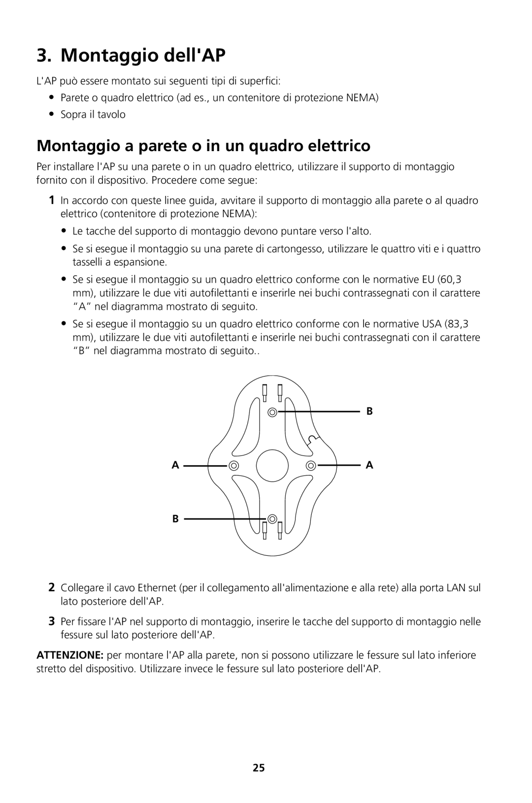 3Com Model WL-604, Model WL-605 manual Montaggio dellAP, Montaggio a parete o in un quadro elettrico 