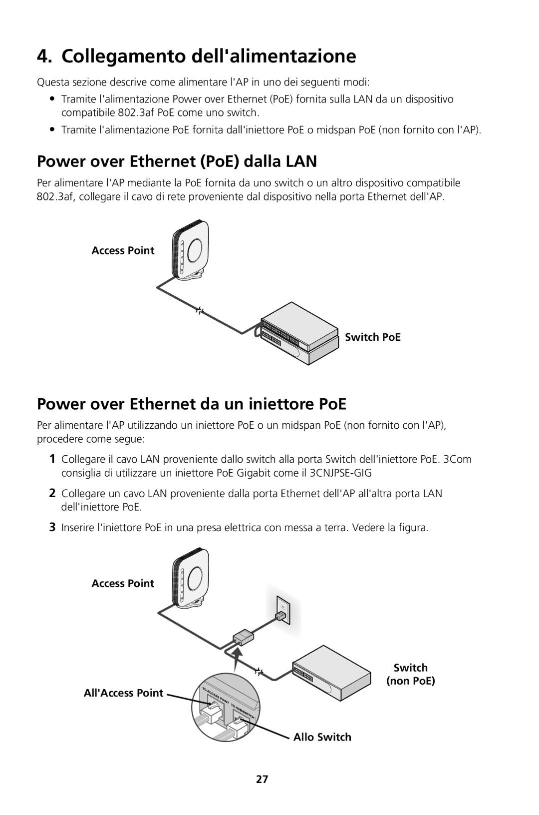 3Com Model WL-604, Model WL-605 Collegamento dellalimentazione, Power over Ethernet PoE dalla LAN, Access Point Switch PoE 